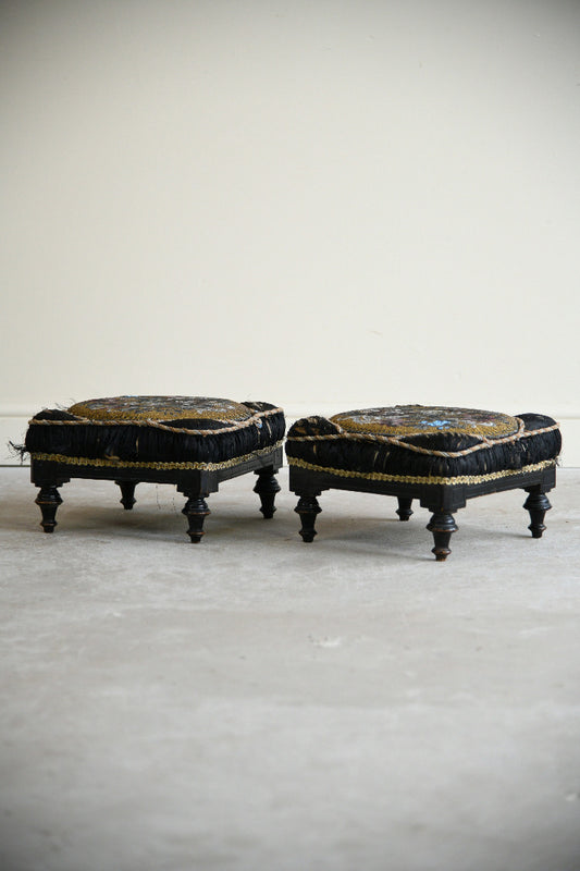 Pair of Victorian Beadwork & Silk Footstools