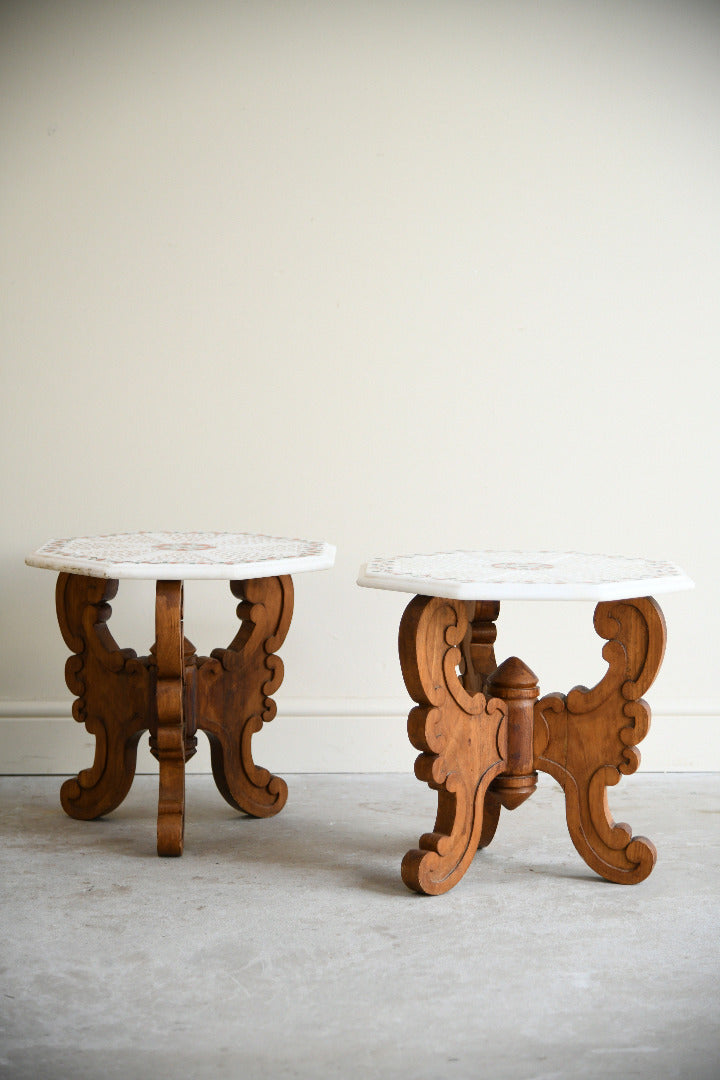 Pair of Indian Carved Hardwood & Pietra Dura Marble Jali Side Tables