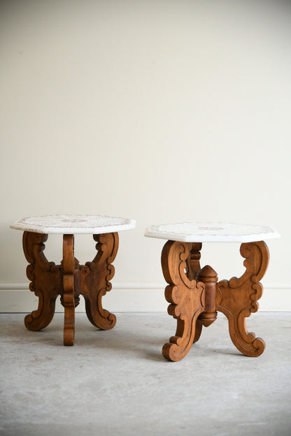 Pair of Indian Carved Hardwood & Pietra Dura Marble Jali Side Tables