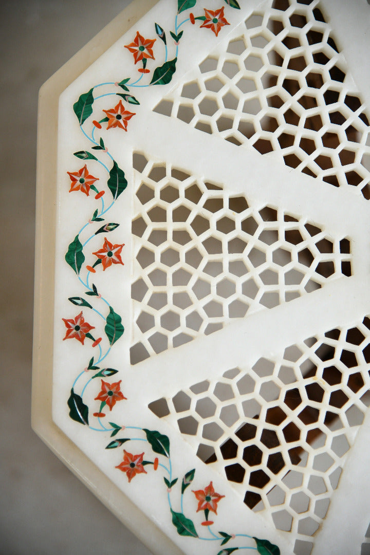 Pair of Indian Carved Hardwood & Pietra Dura Marble Jali Side Tables