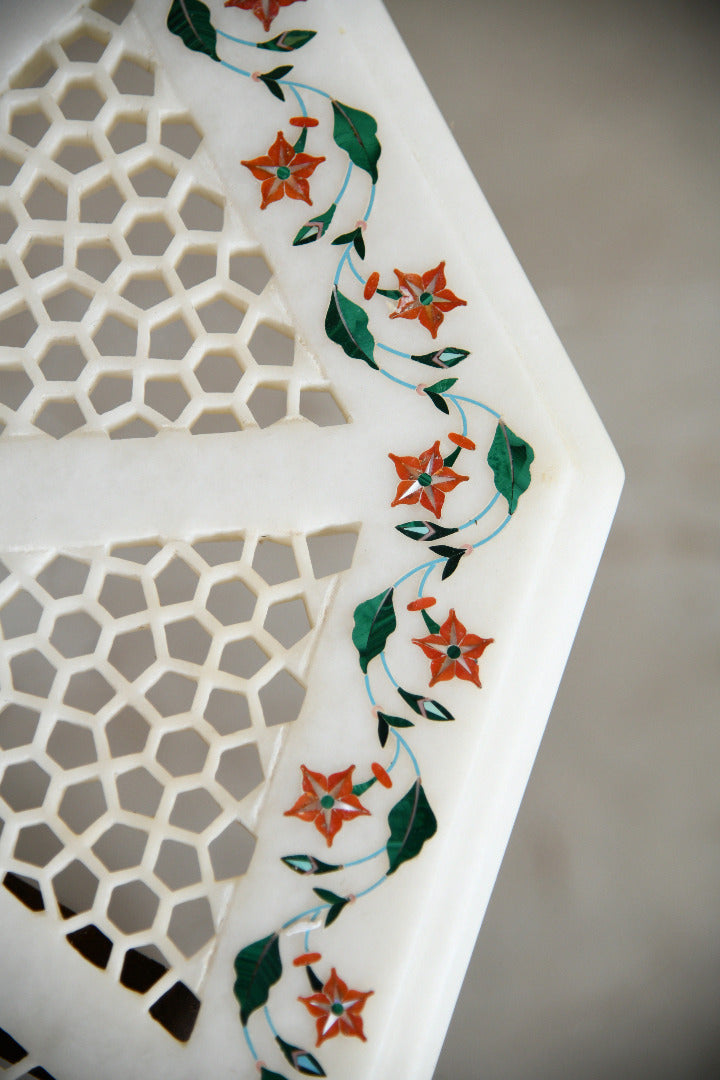 Pair of Indian Carved Hardwood & Pietra Dura Marble Jali Side Tables