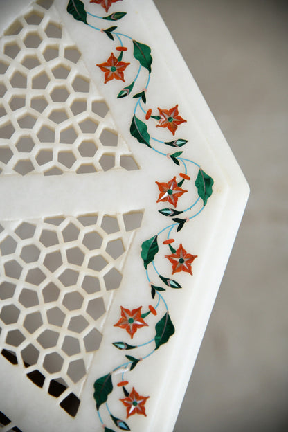 Pair of Indian Carved Hardwood & Pietra Dura Marble Jali Side Tables