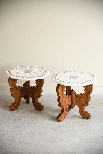 Pair of Indian Carved Hardwood & Pietra Dura Marble Jali Side Tables