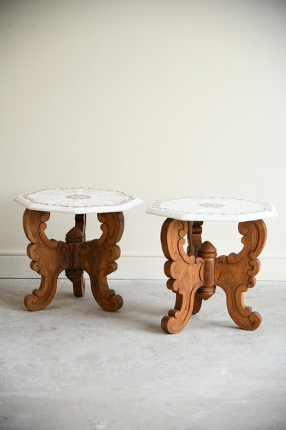 Pair of Indian Carved Hardwood & Pietra Dura Marble Jali Side Tables
