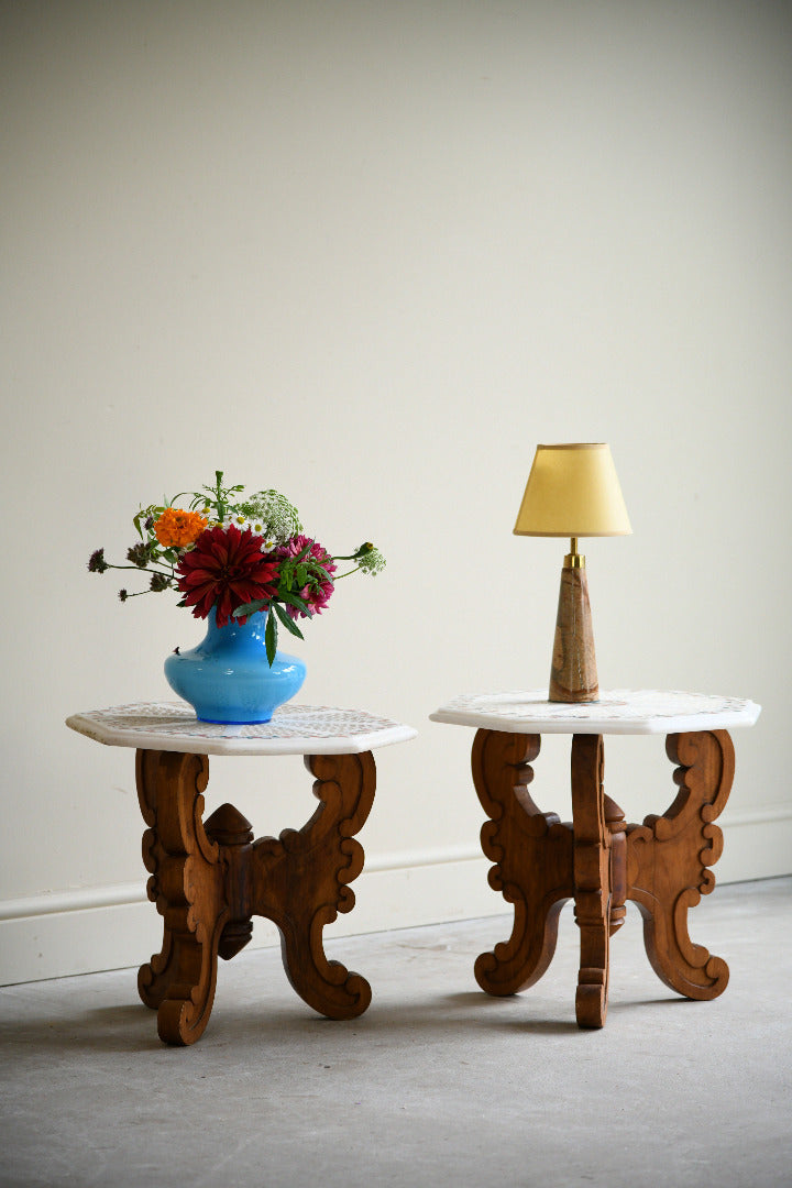 Pair of Indian Carved Hardwood & Pietra Dura Marble Jali Side Tables