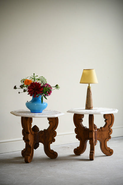 Pair of Indian Carved Hardwood & Pietra Dura Marble Jali Side Tables