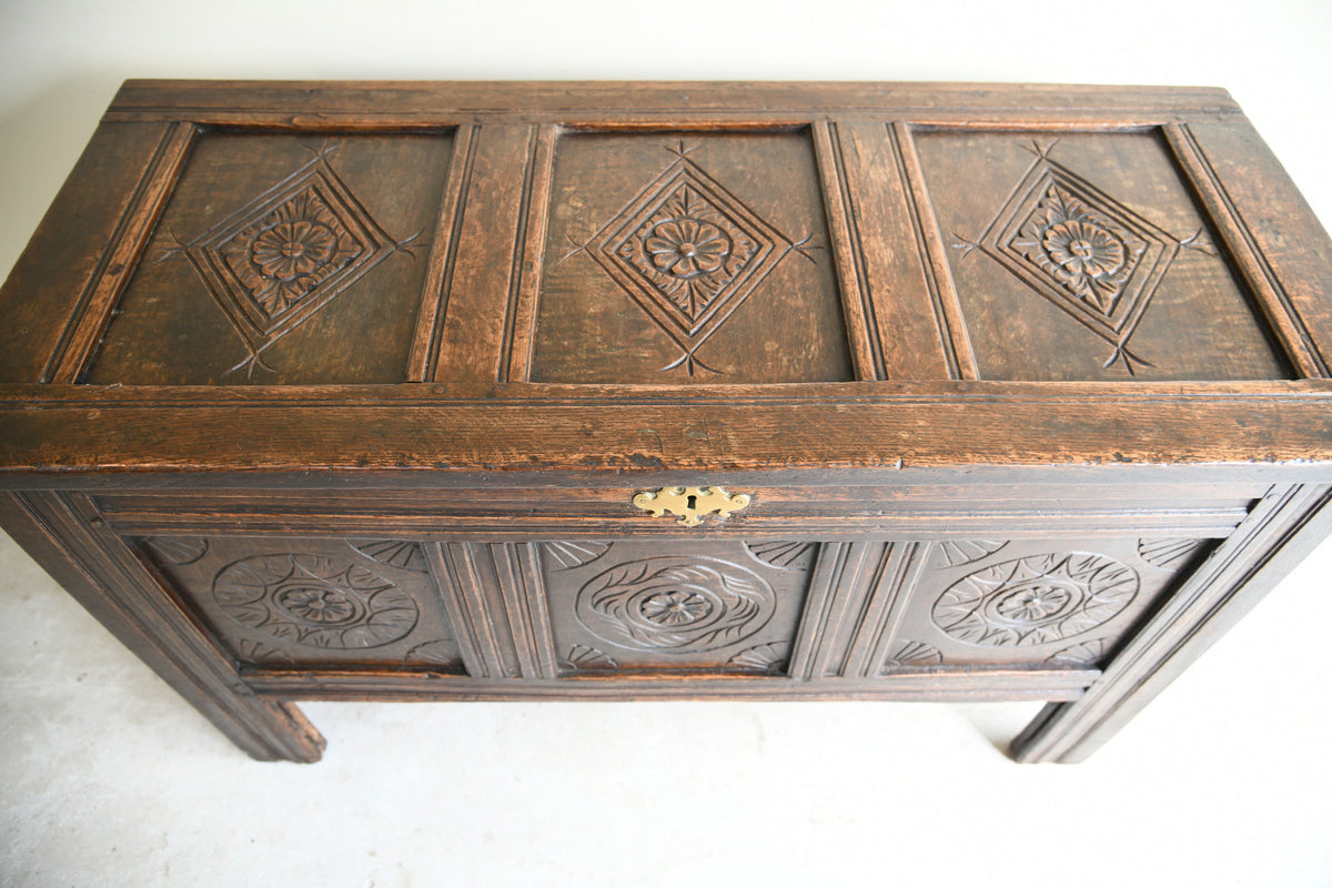 Late 17th Century Carved Oak Coffer Blanket Chest