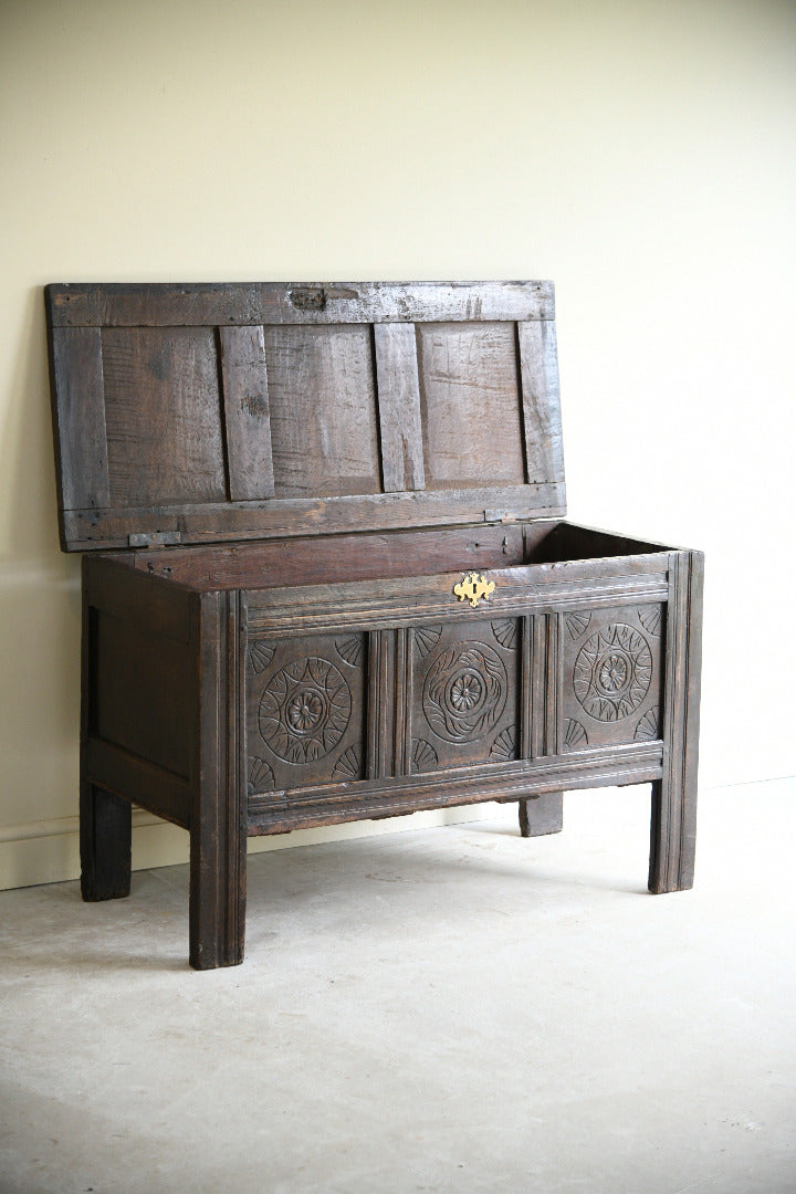 Late 17th Century Carved Oak Coffer Blanket Chest