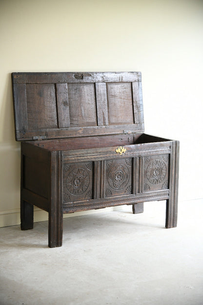 Late 17th Century Carved Oak Coffer Blanket Chest