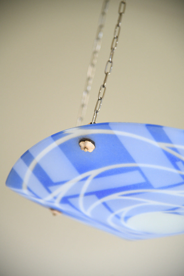 French Art Deco Loys Lucha Blue & White Enamelled Glass Ceiling Light Shade