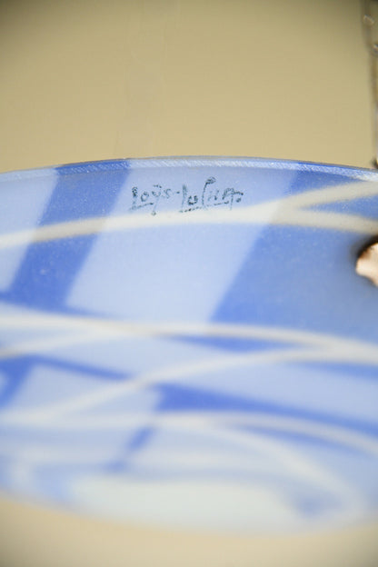 French Art Deco Loys Lucha Blue & White Enamelled Glass Ceiling Light Shade