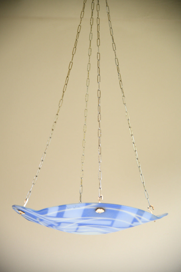 French Art Deco Loys Lucha Blue & White Enamelled Glass Ceiling Light Shade