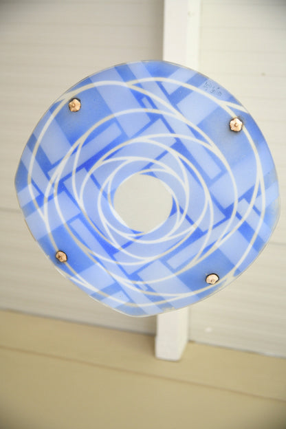 French Art Deco Loys Lucha Blue & White Enamelled Glass Ceiling Light Shade