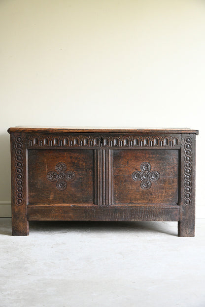 17th Century Carved Oak Coffer with Panelled Front