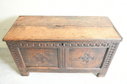 17th Century Carved Oak Coffer with Panelled Front