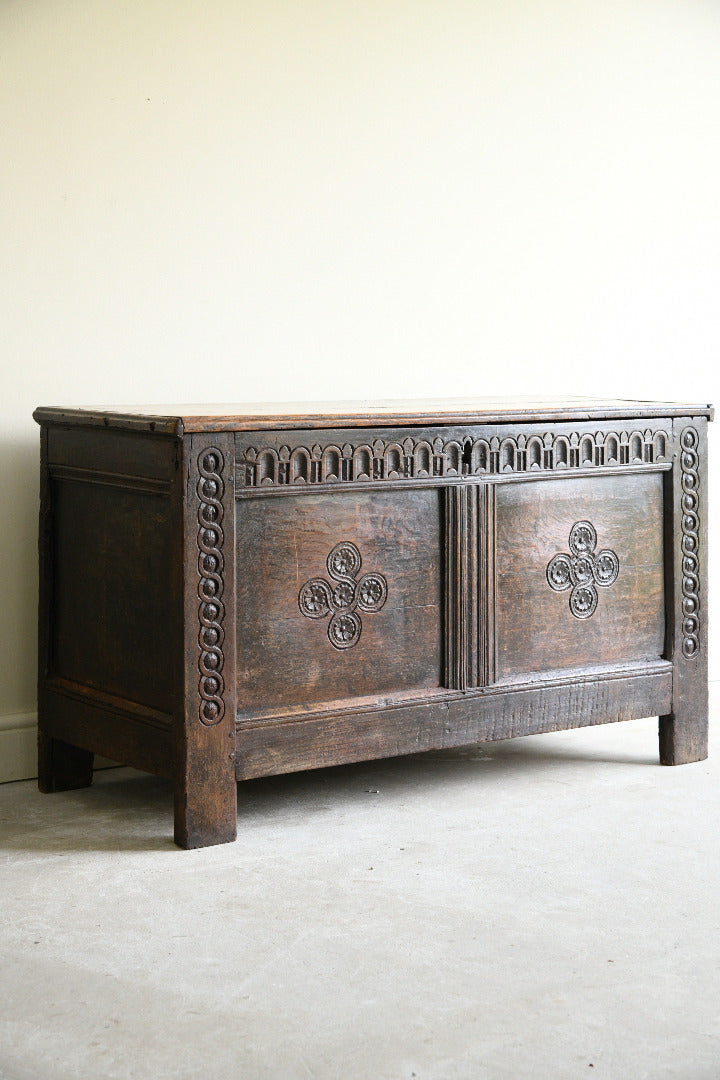 17th Century Carved Oak Coffer with Panelled Front
