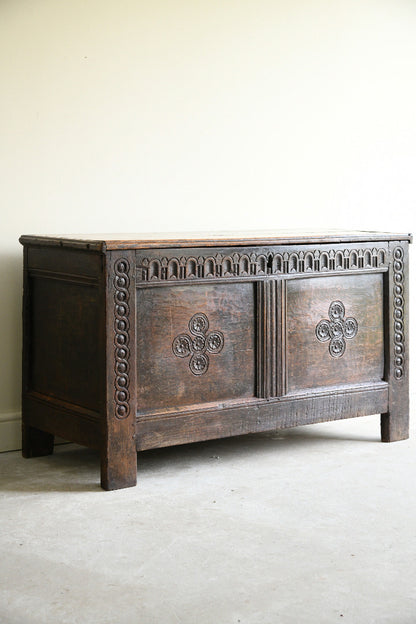 17th Century Carved Oak Coffer with Panelled Front