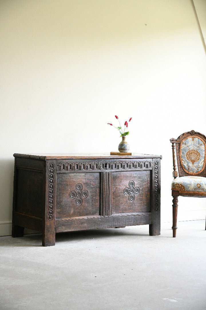 17th Century Carved Oak Coffer with Panelled Front