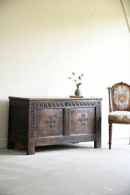 17th Century Carved Oak Coffer with Panelled Front