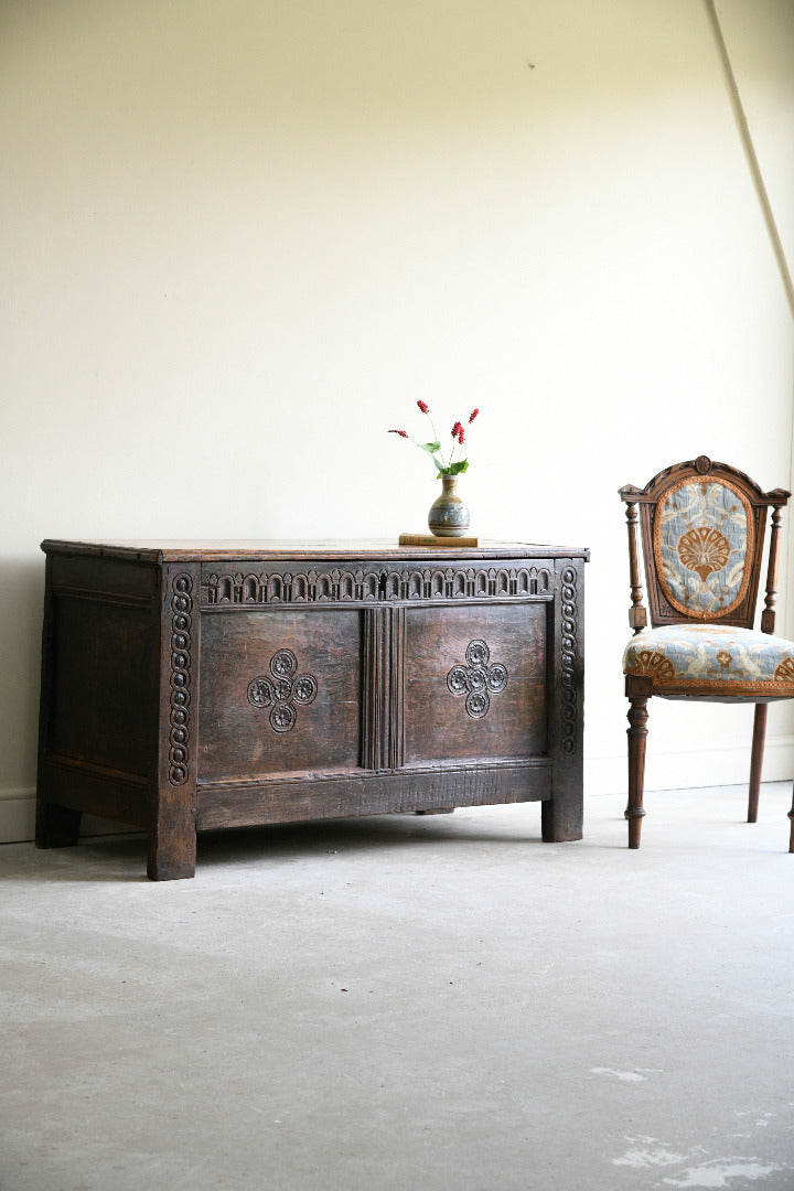 17th Century Carved Oak Coffer with Panelled Front