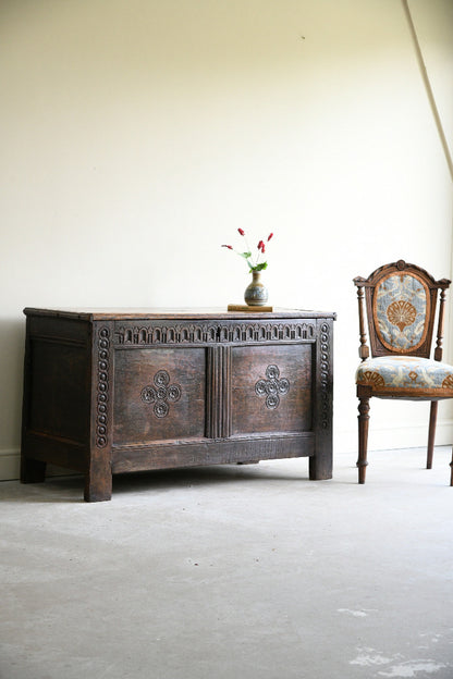 17th Century Carved Oak Coffer with Panelled Front