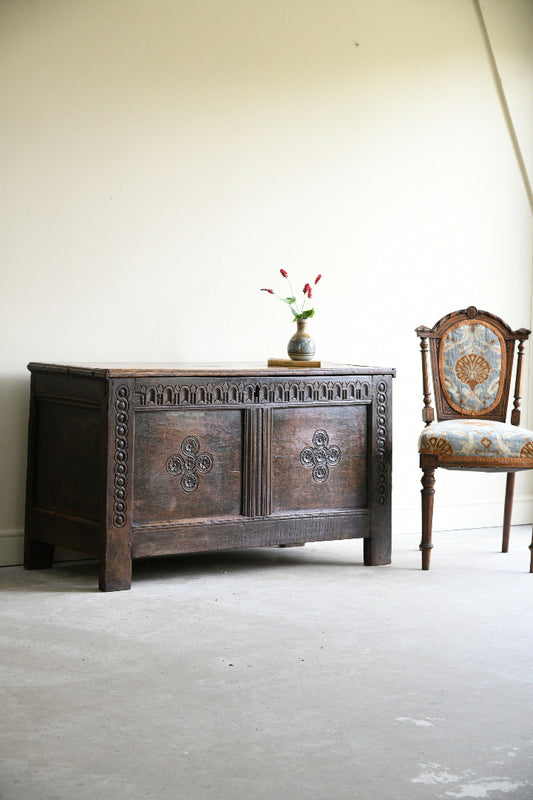 17th Century Carved Oak Coffer with Panelled Front