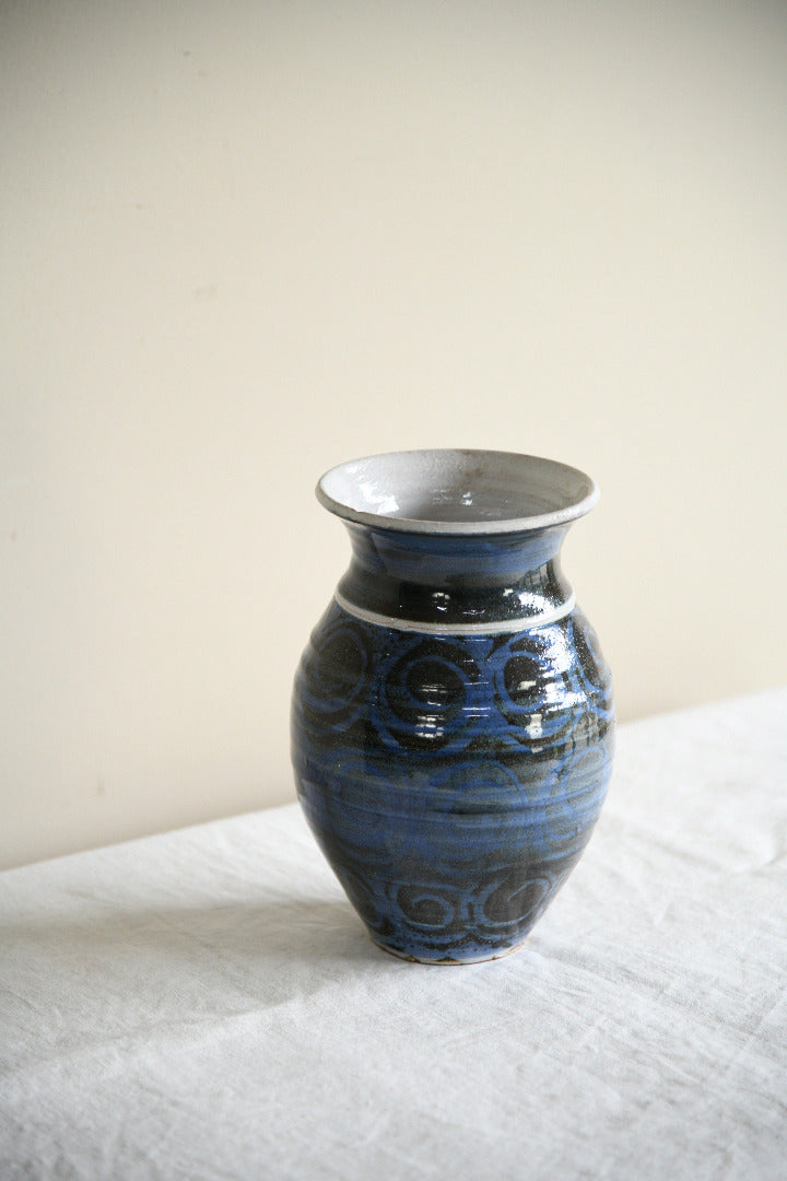 Vintage Blue and Black Glazed Studio Pottery Vase