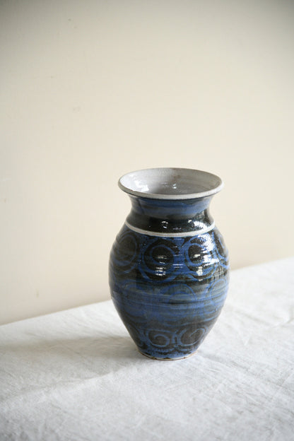 Vintage Blue and Black Glazed Studio Pottery Vase