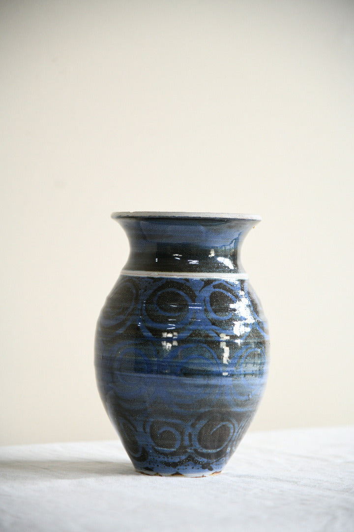 Vintage Blue and Black Glazed Studio Pottery Vase