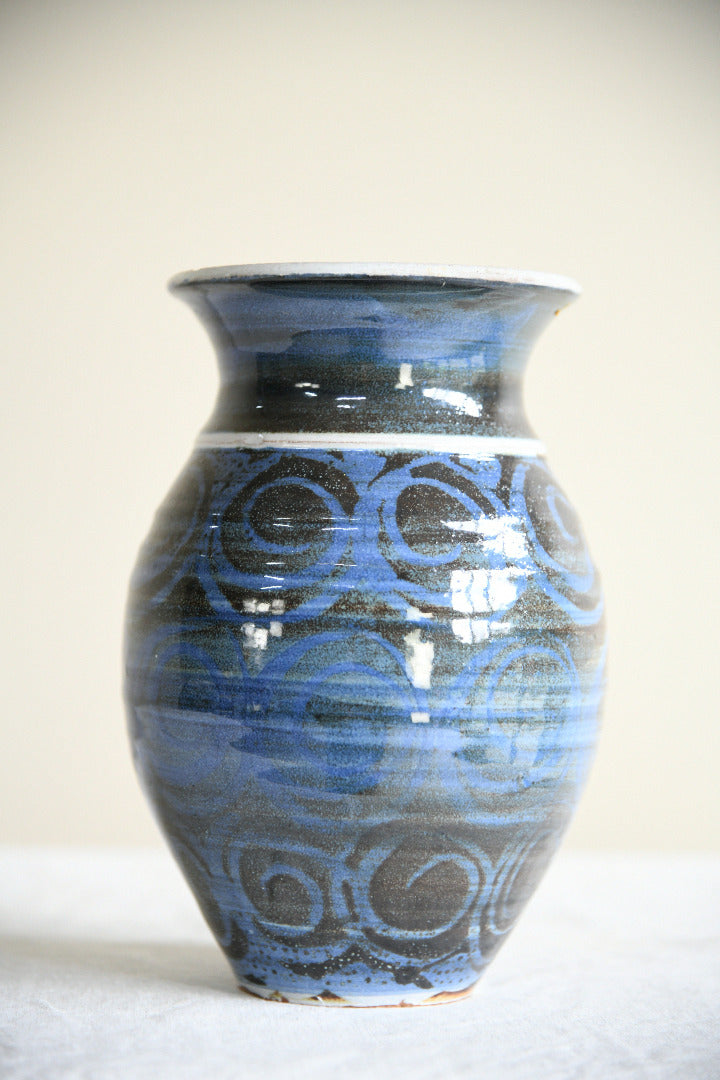 Vintage Blue and Black Glazed Studio Pottery Vase
