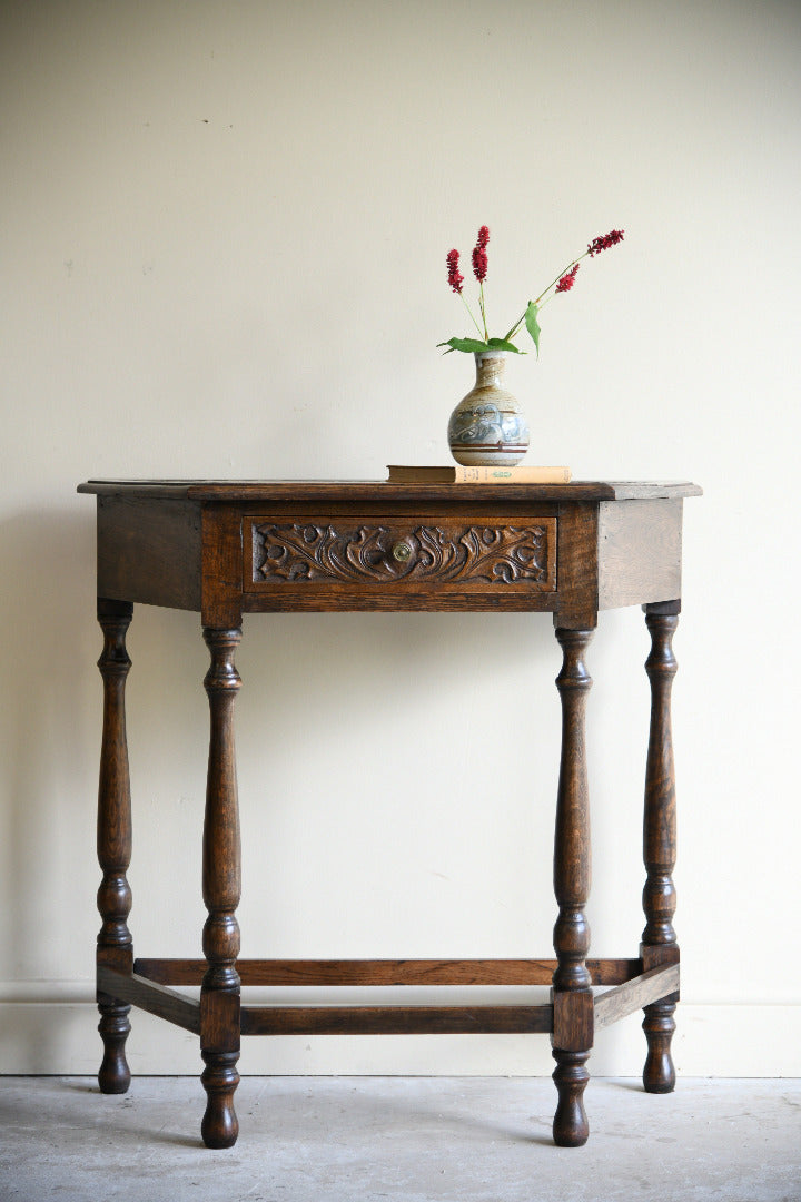 Carved Oak Side Table with Drawer