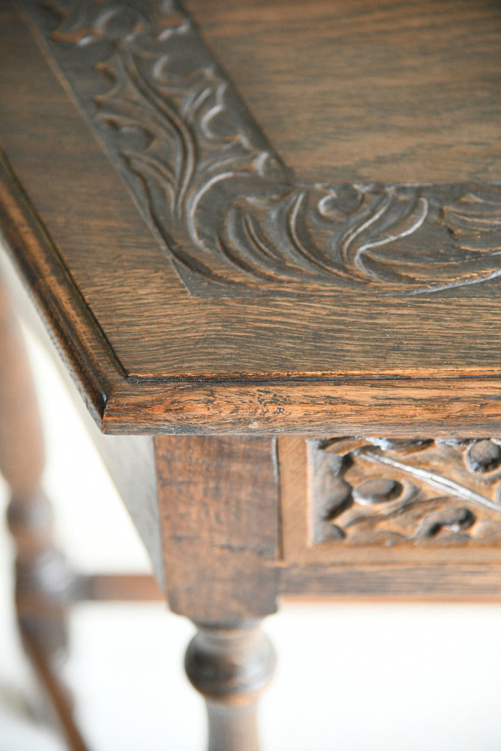 Carved Oak Side Table with Drawer