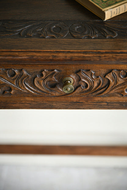 Carved Oak Side Table with Drawer
