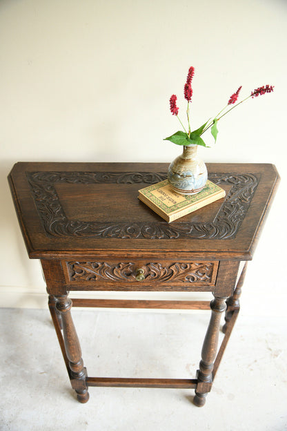 Carved Oak Side Table with Drawer