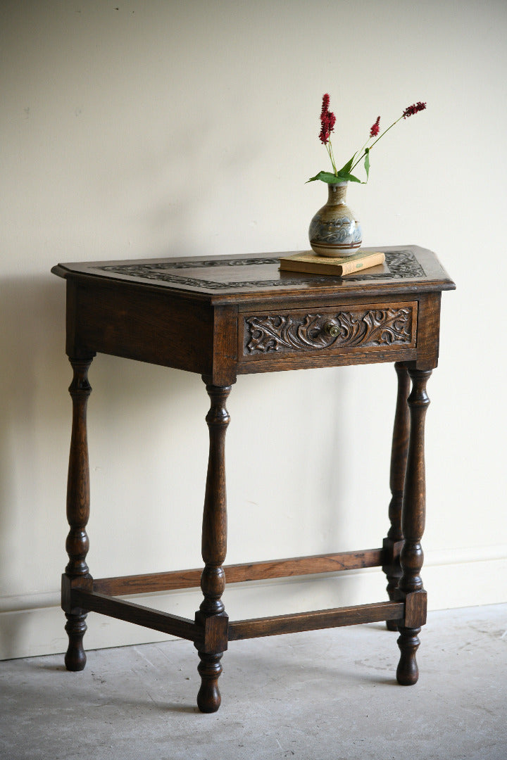 Carved Oak Side Table with Drawer