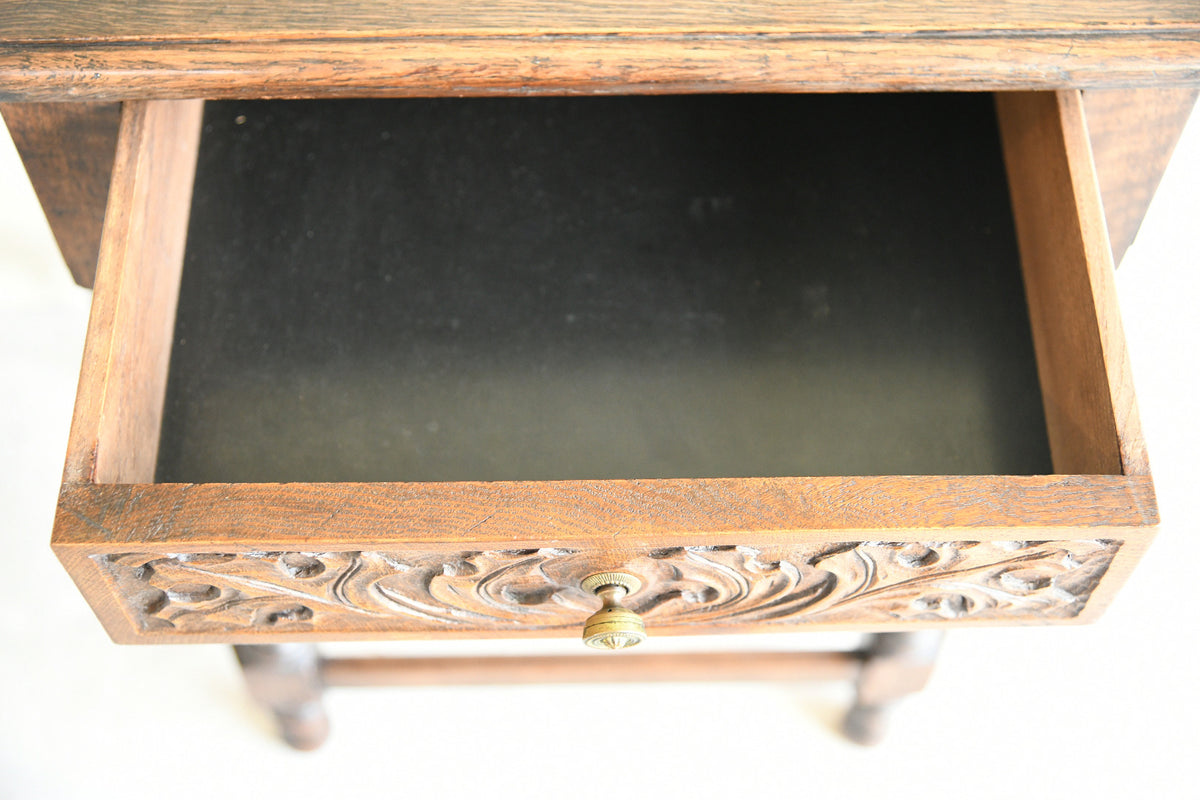 Carved Oak Side Table with Drawer