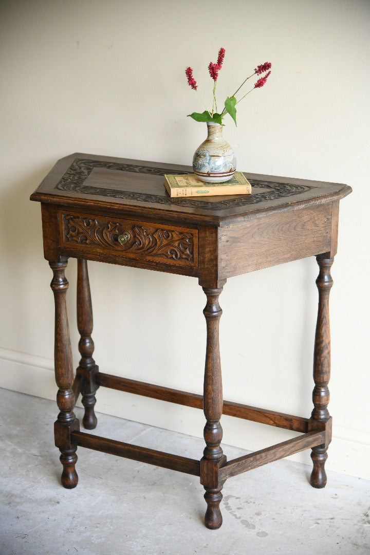 Carved Oak Side Table with Drawer