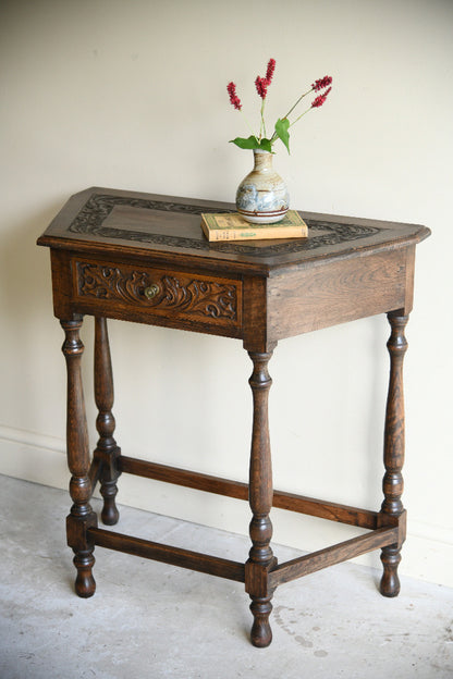 Carved Oak Side Table with Drawer