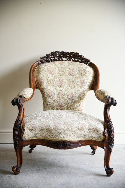 Victorian Rosewood Open Armchair with Pierced Carved Crest