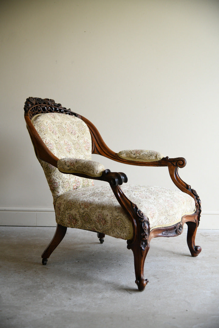 Victorian Rosewood Open Armchair with Pierced Carved Crest