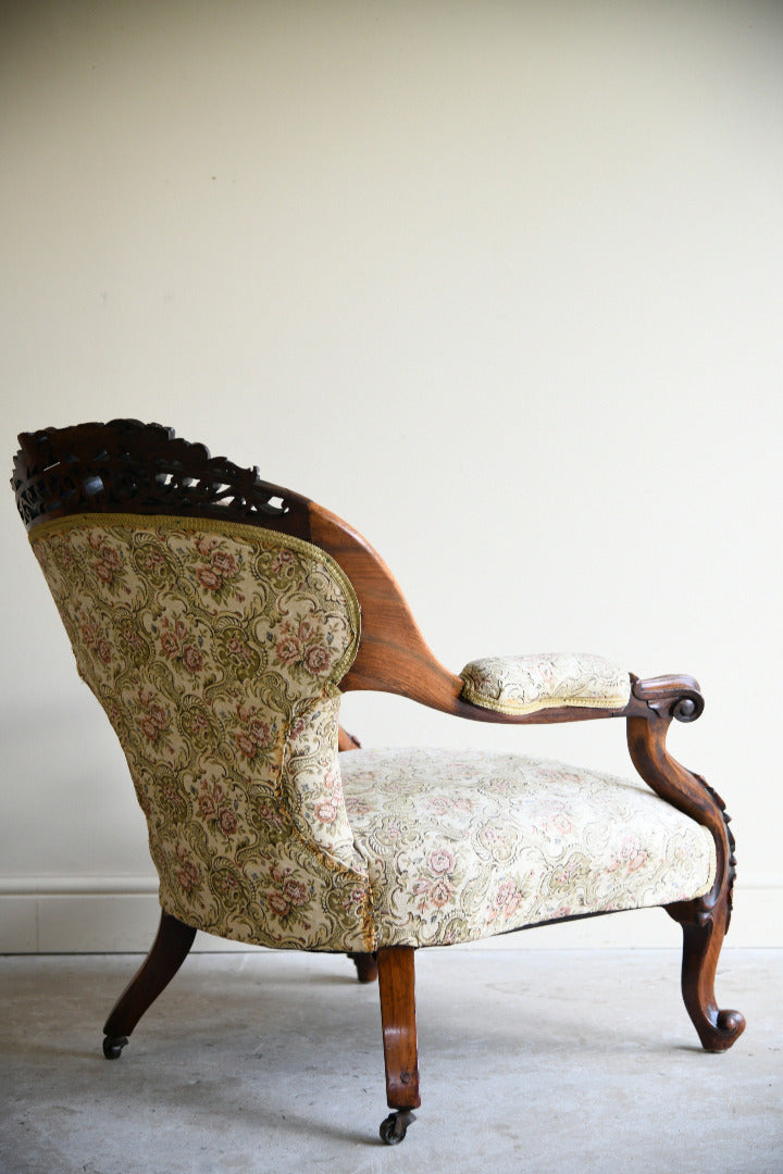 Victorian Rosewood Open Armchair with Pierced Carved Crest