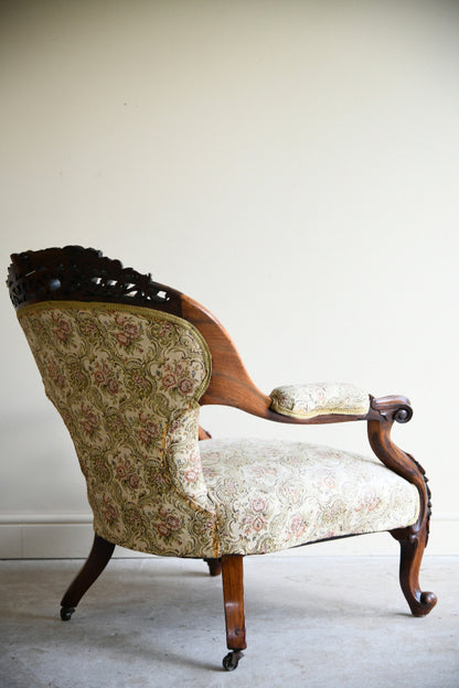 Victorian Rosewood Open Armchair with Pierced Carved Crest