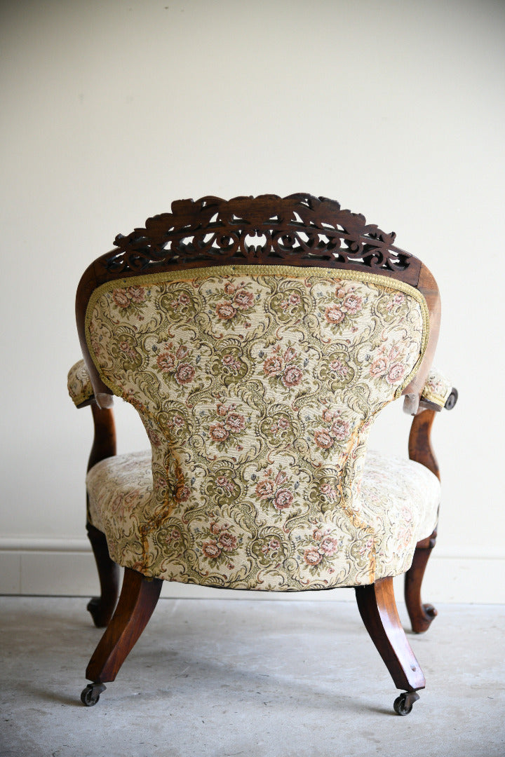 Victorian Rosewood Open Armchair with Pierced Carved Crest