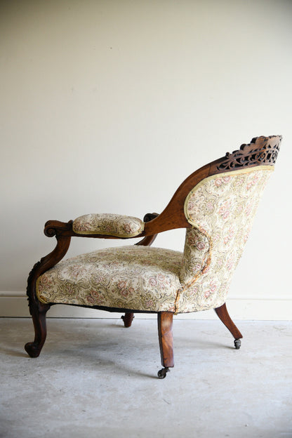 Victorian Rosewood Open Armchair with Pierced Carved Crest