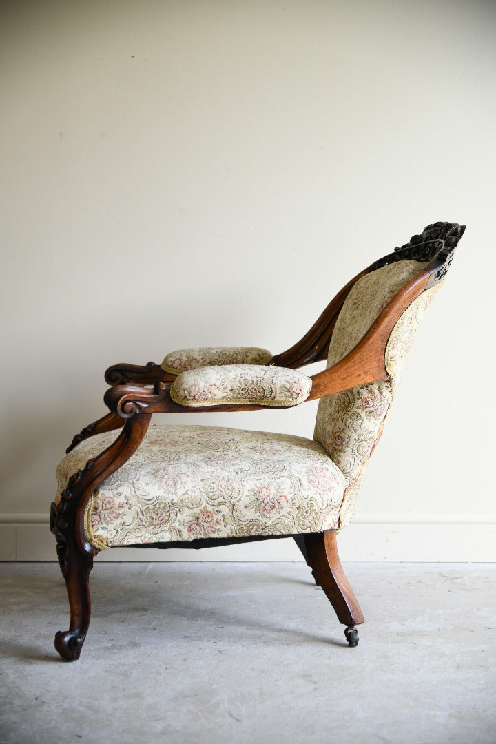 Victorian Rosewood Open Armchair with Pierced Carved Crest