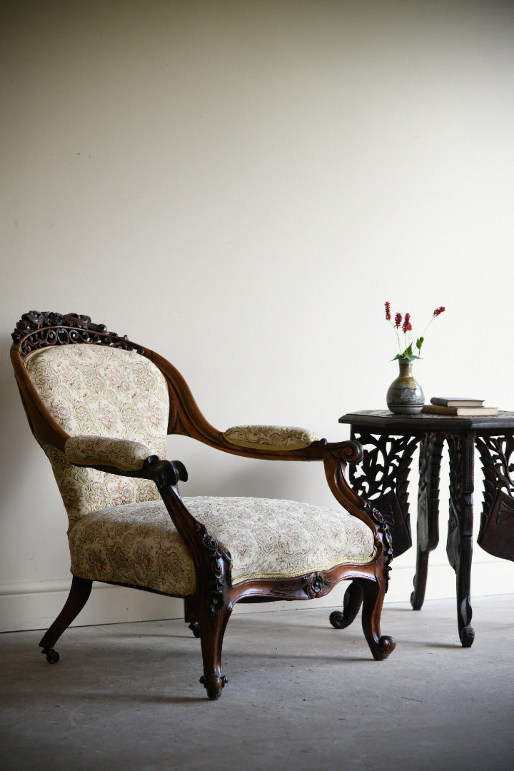 Victorian Rosewood Open Armchair with Pierced Carved Crest