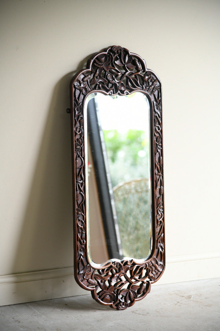 Large Carved Hardwood Wall Mirror with Floral & Bird Detail