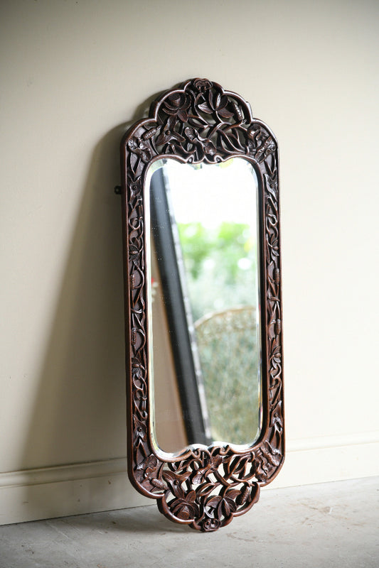 Large Carved Hardwood Wall Mirror with Floral & Bird Detail