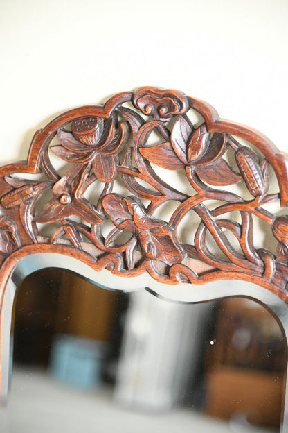 Large Carved Hardwood Wall Mirror with Floral & Bird Detail