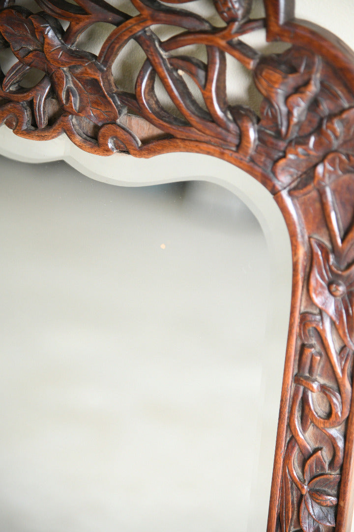 Large Carved Hardwood Wall Mirror with Floral & Bird Detail